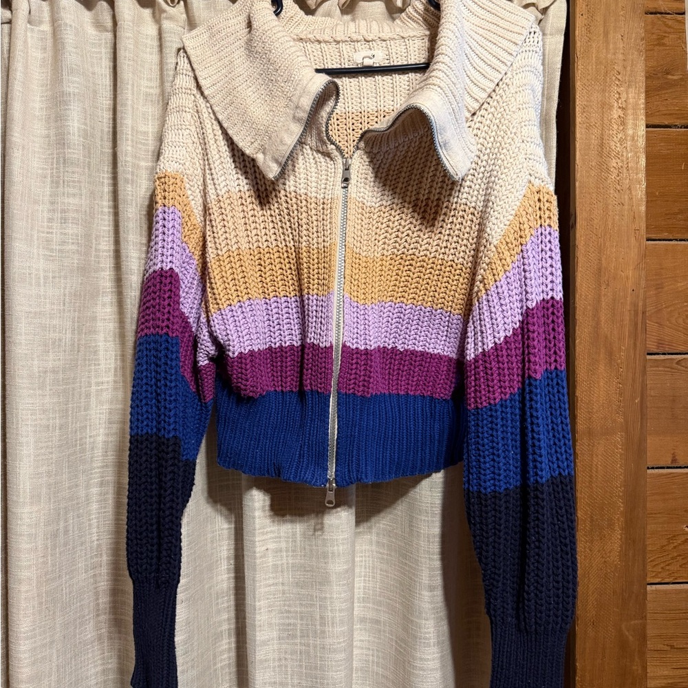 aerie Striped Zip Cardigan in Cream, Tan, Purple & Blue